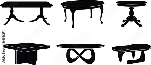 Collection of classic and modern table silhouettes with unique leg designs, black furniture shapes isolated on white background