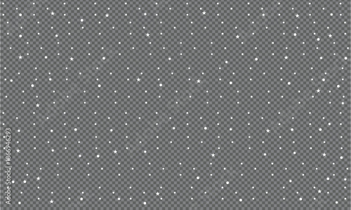 Realistic snow fallen on transparent background. Abstract dust particles, white confetti png bg. festive wallpaper element for christmas poster, flyer, new year card, realistic vector 