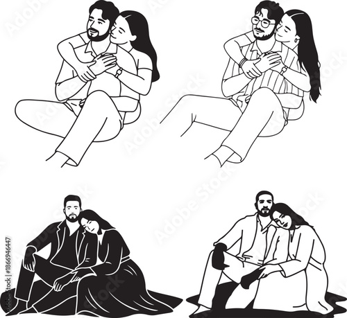 Vector illustration of a fashion couple and sport players including a karate man and football boy in a black and white sketch drawing cartoon style