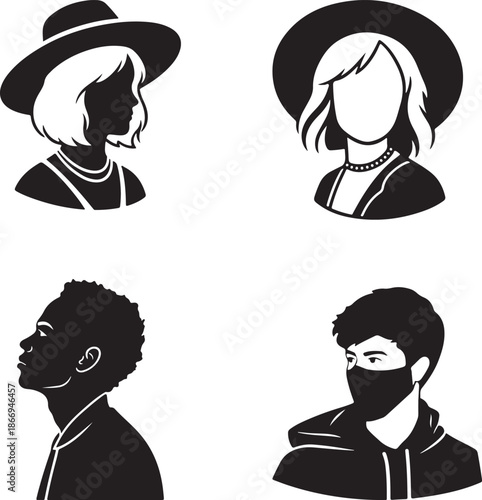 Set of women silhouettes and faces featuring various hair styles and profile avatars as black vector icons for business user design