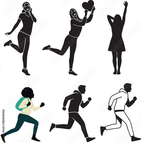 Black vector silhouettes of people featuring a woman, girl, and boy in motion through dance, running, and sports illustration art