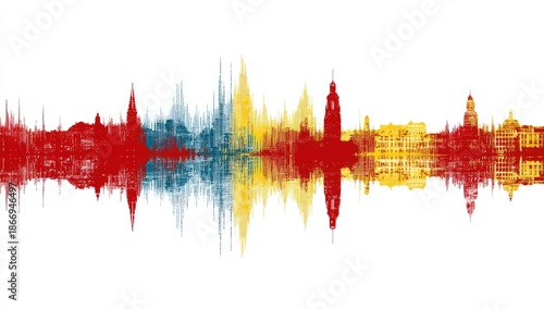 Artistic, abstract depiction of a city skyline reflected, vibrant colors against white