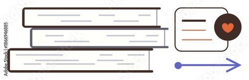Knowledge sharing, education, reading, learning resources, online study, digital access. Three books stacked, card with a heart icon and arrow. Knowledge sharing and education concept