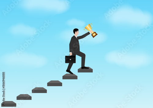 Businessman holding Trophy while walking upstairs. Goal Achievement and Business Success Concept. Vector Illustration.
