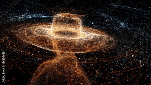 Digital image of a cowboy silhouette composed of orange particles, within a swirling galaxy