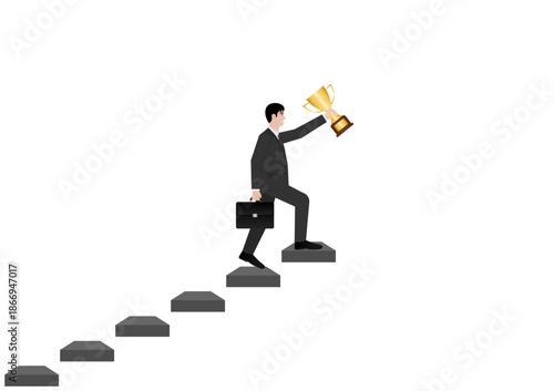 Businessman holding Trophy while walking upstairs. Goal Achievement and Business Success Concept. Vector Illustration.