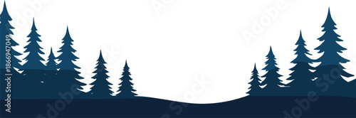 Minimalist pine tree forest landscape illustration with layered evergreen silhouettes and rolling hills, calm blue nature scenery isolated on white background