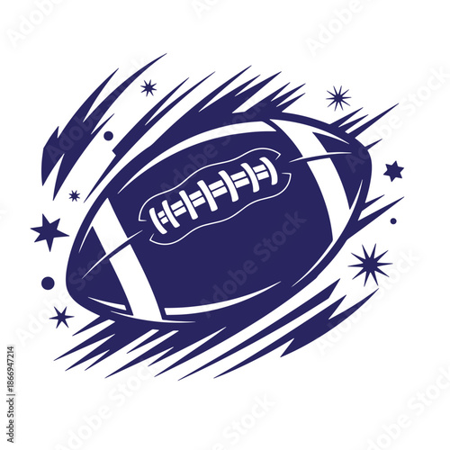 American football ball with dynamic motion lines and stars around it on white background  sports icon