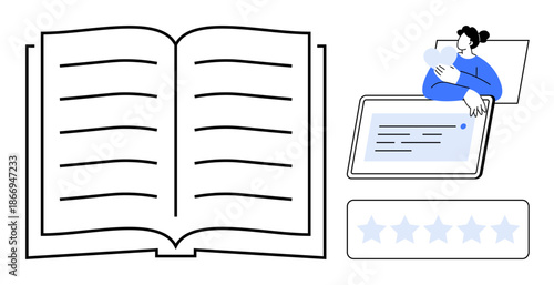 Digital learning. Open book and tablet blended learning with a focus on digital tools. Digital learning enables self-study, online engagement, and content evaluation. For e-learning, education apps