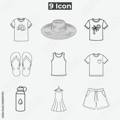 Collection of summer clothing icons isolated on transparent background