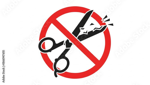 Broken scissors in a prohibition sign symbolizing no cutting or restriction isolated on white