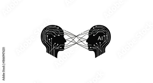Two abstract human heads with circuitry and AI text connecting through lines, symbolizing artificial intelligence and communication.