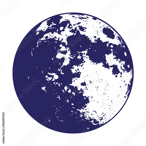blue and white illustration of a moon with craters and a textured surface in a natural artistic style  lunar body
