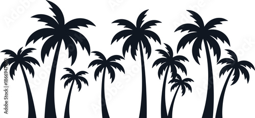 Palm tree silhouette collection with tall tropical coconut palms, minimalist black nature illustration isolated on white background for summer design use