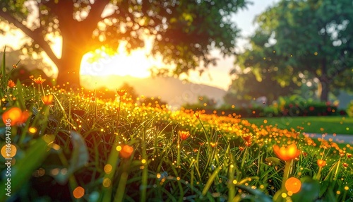 Wallpaper Mural Sunny meadow, flowers, trees, golden light, blurred bokeh Torontodigital.ca
