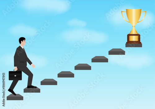 Businessman walking upstairs to get Trophy. Goal Achievement and Business Success Concept. Vector Illustration.