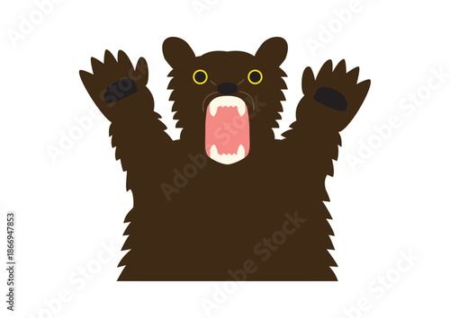 怖い表情で、両手を上げて襲うヒグマの上半身