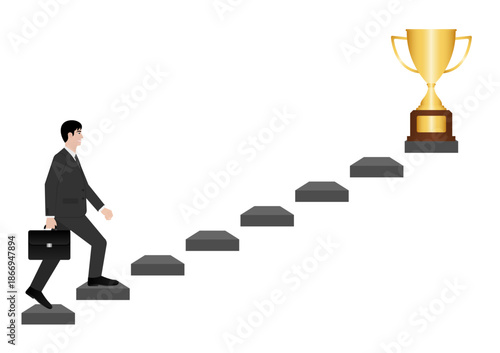 Businessman walking upstairs to get Trophy. Goal Achievement and Business Success Concept. Vector Illustration.