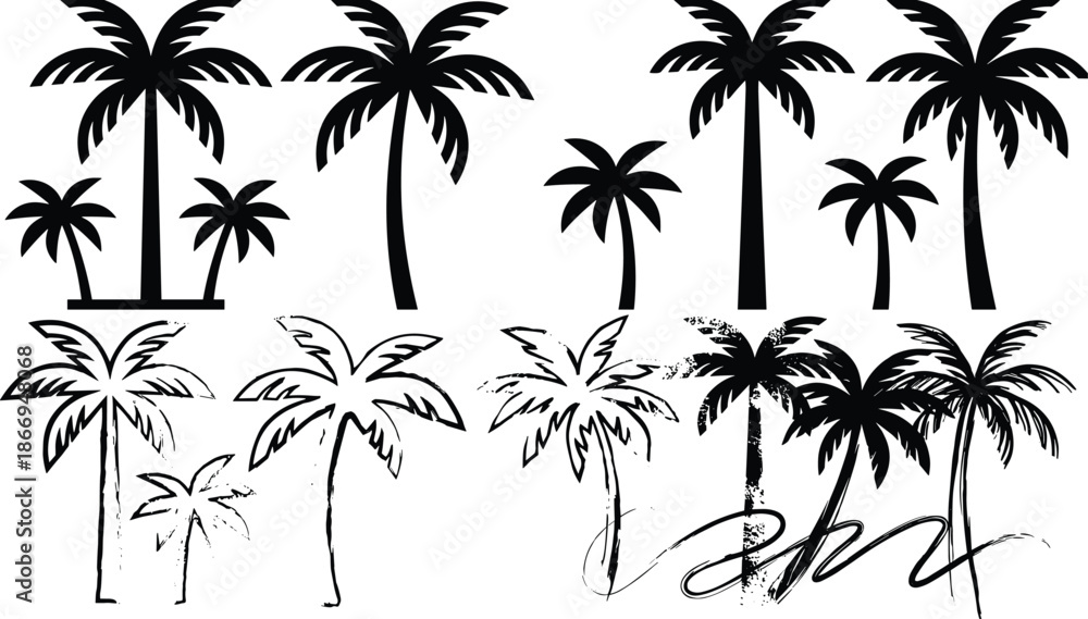 Fototapeta premium Palm tree silhouette illustration set showing multiple tropical styles including solid icons, sketch lines, ink brush, and grunge artistic designs on white background