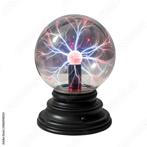 Glass Plasma Globe Lamp with Electric Discharge Arcs and Black Base Isolated on White