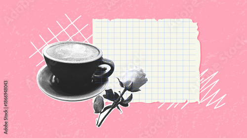 Aromatic morning coffee. Trendy halftone collage. Monochrome elements. Collage of torn paper, a coffee cup, and a half-bloomed rose.