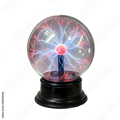 Electric Plasma Ball Globe with Blue and Red Lightning Filaments Isolated on White Background