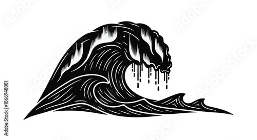 Dramatic black and white illustration of a powerful ocean wave crashing