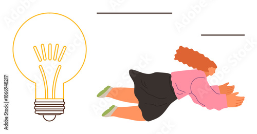 Innovation, creativity, imagination, brainstorming, ideas abstract thinking. Person floating beside a light bulb. Innovation and creativity concept. Line metaphor. Simple line icons