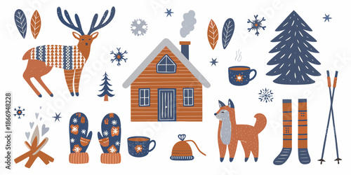Charming winter scene featuring deer a cozy cabin and festive holiday elements