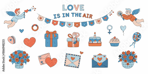 Valentine s day themed illustrations with hearts gifts and playful cherubic figures