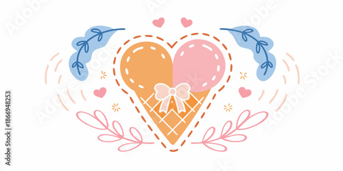 A charming illustration of a heart shaped ice cream cone with decorative elements