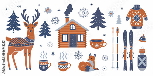 Winter wonderland scene with reindeer cabin and cozy seasonal elements