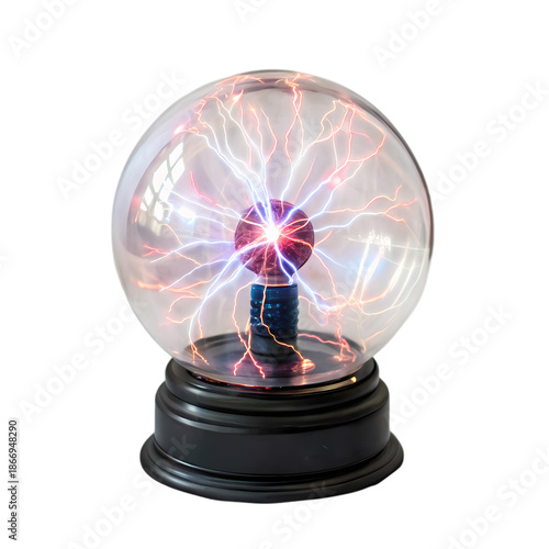 Interactive Tesla Plasma Sphere with Pink and Blue Electric Bolts on a Black Decorative Base
