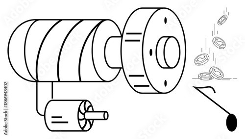 Automation, industrial machinery, financial systems, coin processing, innovation, and production. A motorized component dispensing coins. Automation and industrial machinery concept