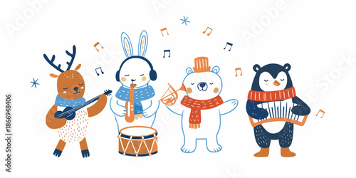 A charming illustration of woodland animals forming a festive musical band