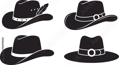 Cowboy hat icon set, western fashion, silhouette styles, brim shapes, buckle bands, black vector graphics, cultural headwear