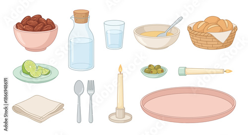 A Collection of Assorted Dining and Food-Related Items, Including Bread, Olives, Dates, and a Candle