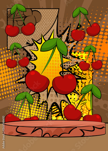 Comic Book Product podium stage for mockup presentation with Cherry. Retro comics background.