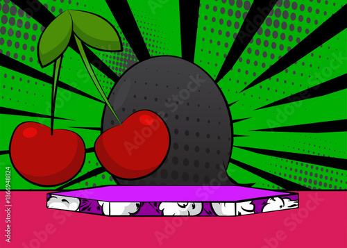 Comic Book Product podium stage for mockup presentation with Cherry. Retro comics background.