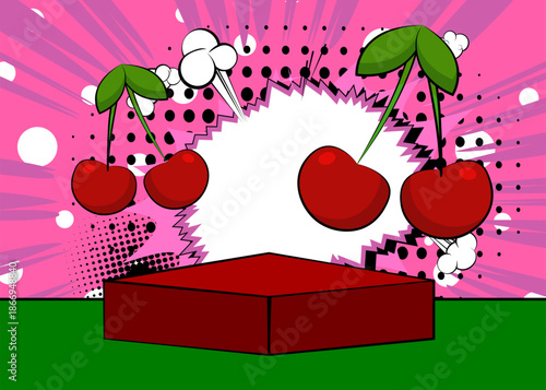 Comic Book Product podium stage for mockup presentation with Cherry. Retro comics background.
