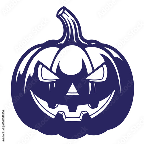 Blue silhouette of a scary carved pumpkin with a menacing face and a stem on top isolated on transparent background