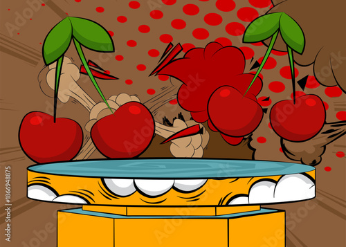 Comic Book Product podium stage for mockup presentation with Cherry. Retro comics background.