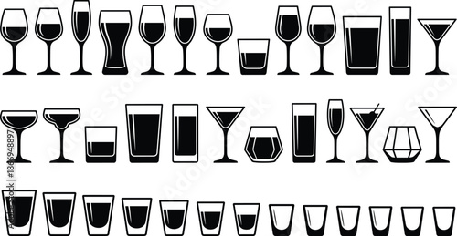 Drinkware icon set, wine glasses, cocktail tumblers, shot glasses, pint shapes, silhouette styles, black vector graphics