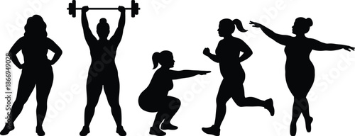 Fitness silhouette icon set, weightlifting, running, squatting, dancing, confident pose, body diversity, black vector graphics, exercise theme