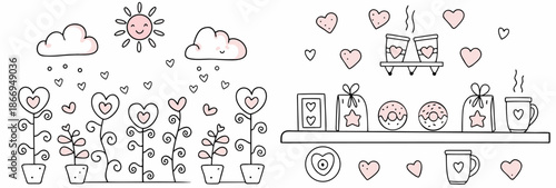 Whimsical heart themed plants and gifts on a cozy shelf