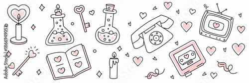 Whimsical heart themed vintage objects and symbols