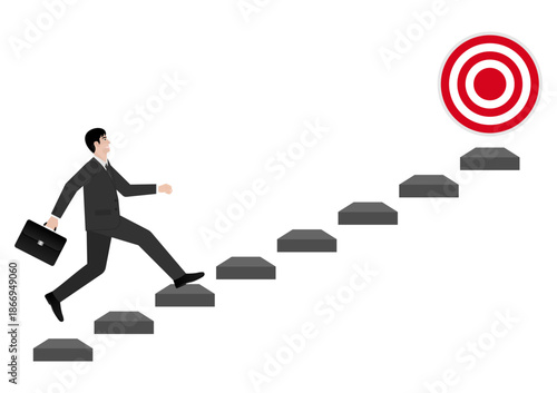 Businessman running Upstairs to reach Target. Goal Achievement and Business Success Concept. Vector Illustration.