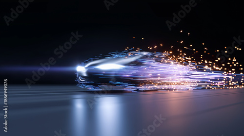 High speed futuristic vehicle with light trails symbolizing artificial intelligence acceleration and advanced mobility.  © Curioso.Photography