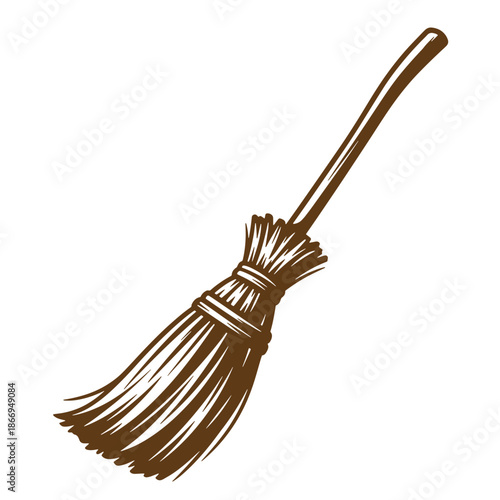 Brown broom with long handle and bristles on white background
