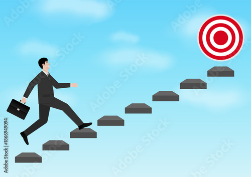 Businessman running Upstairs to reach Target. Goal Achievement and Business Success Concept. Vector Illustration.